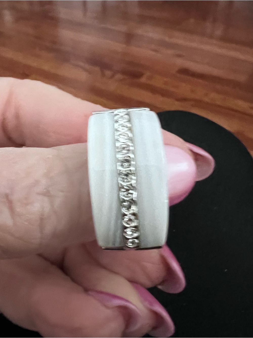Carmella Lucie  White Ceramic Ring with Crystal Row and Silver Accents - Picture 7 of 9